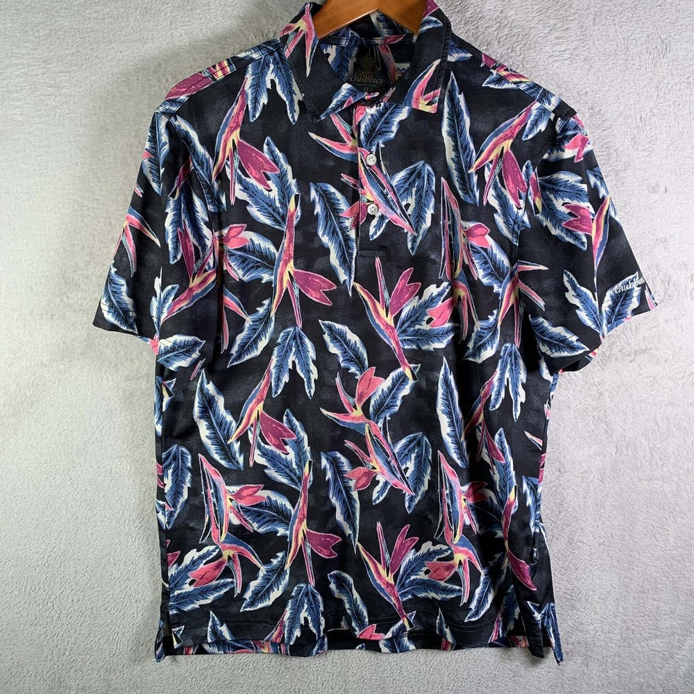 Chubbies Shirt Mens Small Black Floral Hawaiian Short Sleeve Stretch Button Up
